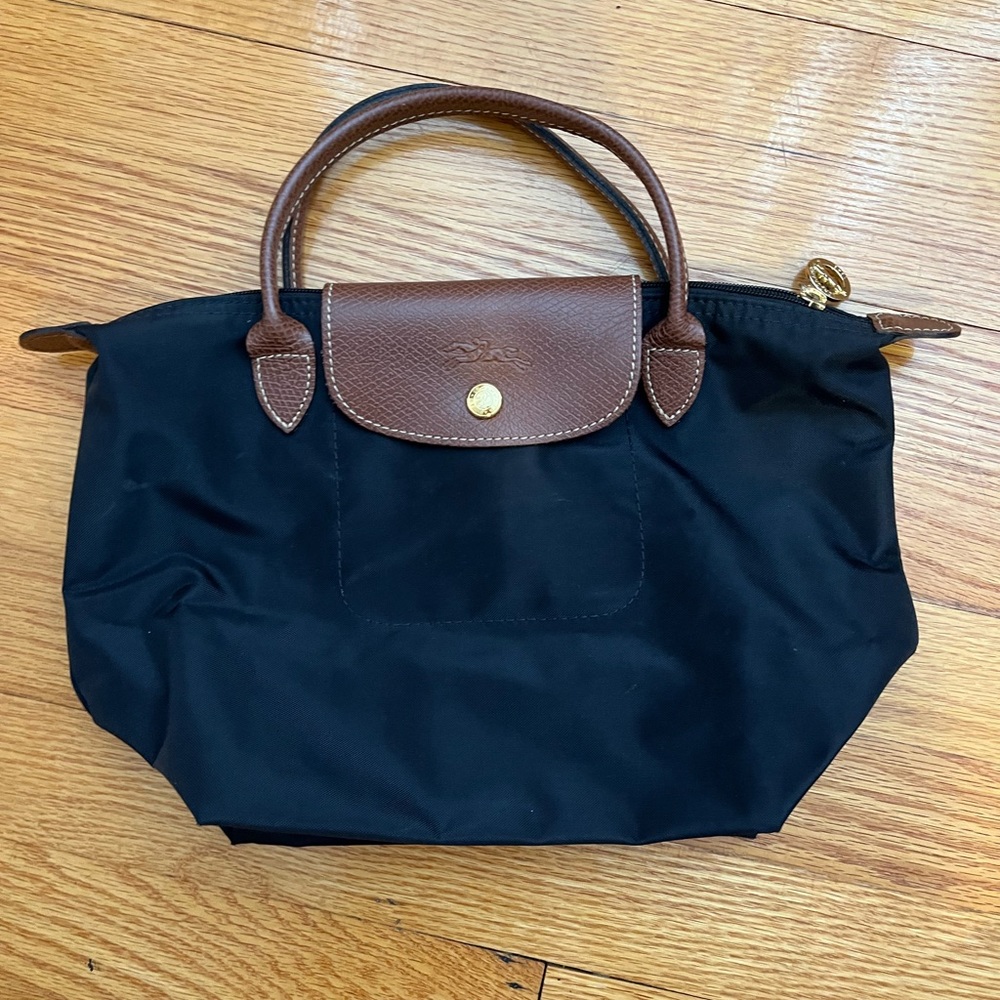 Longchamp 'Mini Le Pliage' Top Handle Nylon Handbag, Black/Gold